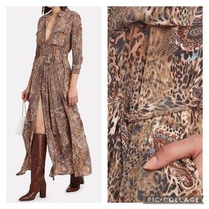 L’Agence Cameron Button Down Leopard Paisley Print Brown Midi Dress XS 100% Silk